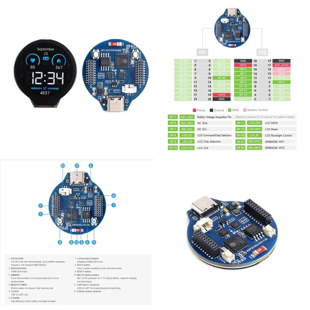 Esp32 Development Board - ESP32-S3 LCD開発ボード 1.28インチIPSラウンドGC9A01ディスプレイドライバ WiFi/Bluetooth対応